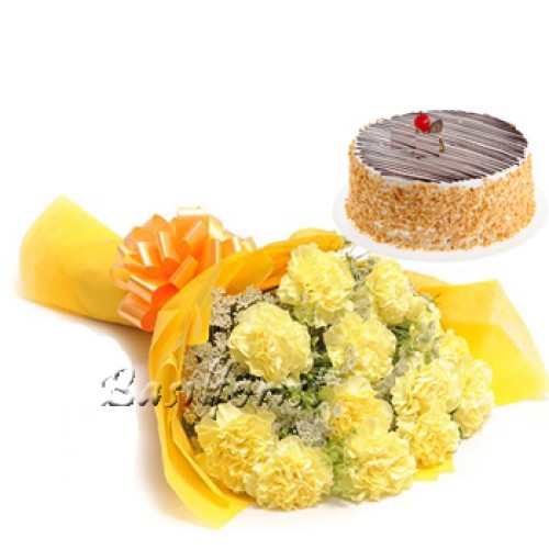 Yellow carnation Bunch & Butter Scotch cake