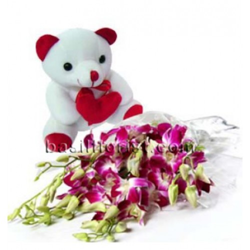 A bunch of 6 orchids with a 6"inch. cute teddy