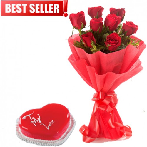 Valentines Day Best Seller (8 red roses & a yummy heart shape cake. )