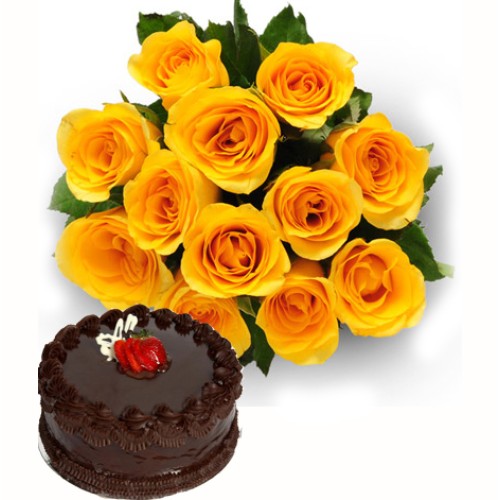I Care 4U ( 12 Yellow Roses +1/2 Kg Chocolate Truffle cake)