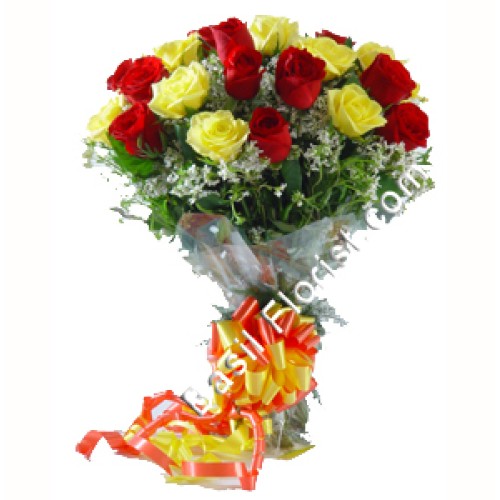 A Bunch of 24 Red & Yellow Fresh Roses