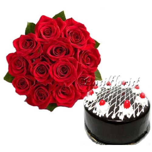 Beautiful Roses Bunch with Chocolate Cake ( 12 Red roses  +1/2 kg Chocolate cake)