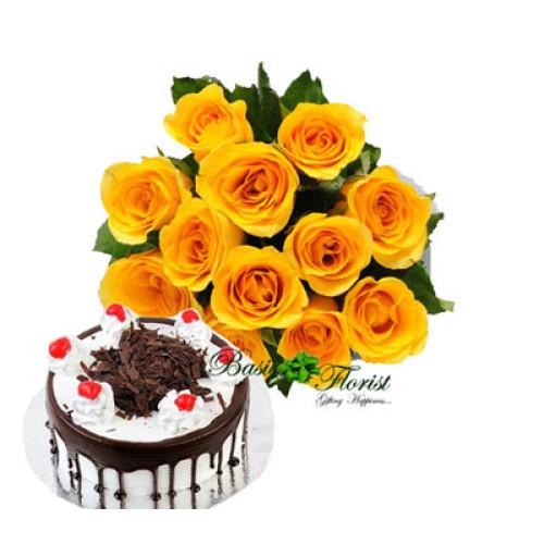 As beautiful as you are. (10 Yellow Roses and a yummy Black Forest Cake. )