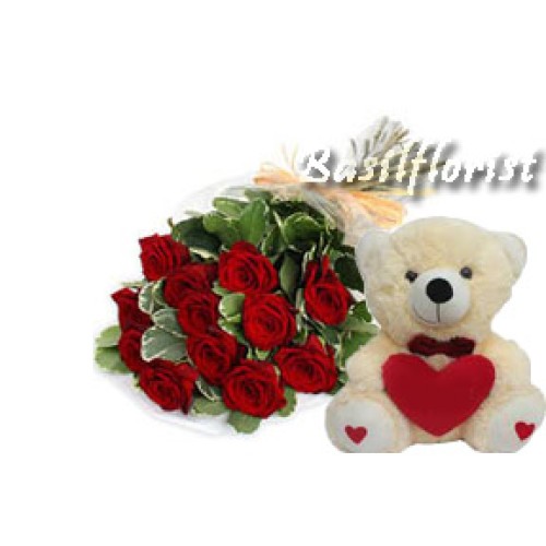 A Bunch of 12 Roses with a 12" Cute Teddy