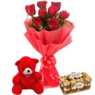 8 Roses, 6''Teddy & 16pc. Ferrero Rocher Combo