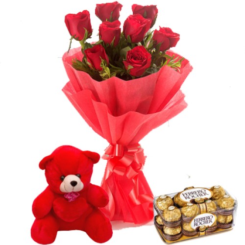 8 Roses, 6''Teddy & 16pc. Ferrero Rocher Combo