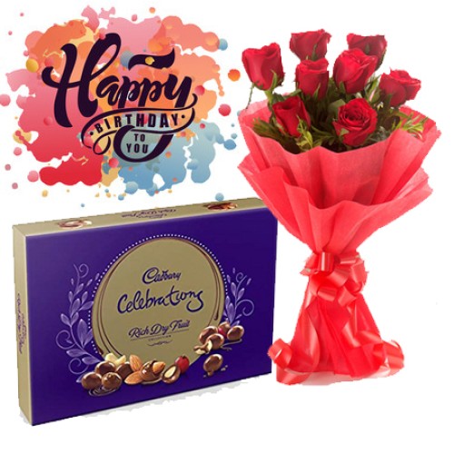 8 Red roses bunch with 120 gm Cadbury dry fruit chocolate box