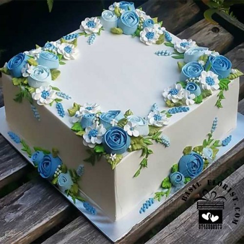 Blue Floral Square CakeD21010406