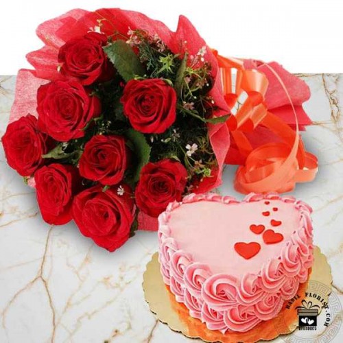 Combo of 8 Roses Bunch with Heart Shape Cake