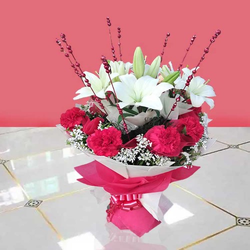 Carnation & White Asiatic Lily Bunch