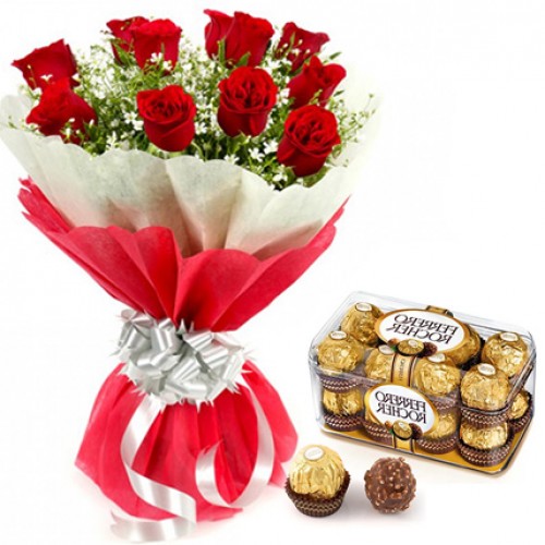 10 Red Roses Bunch with 16 pc. Ferrero Rocher 