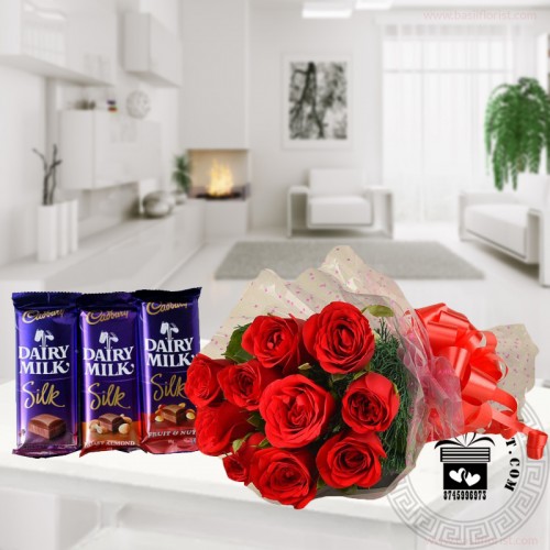 10Red Roses Bunch & Cadbury Silk (137gm*3) Combo 