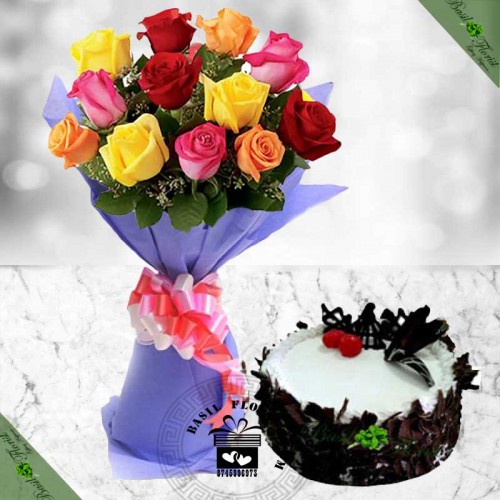 Colorful..(12 Roses + 1/2 Kg Black Forest Cake)