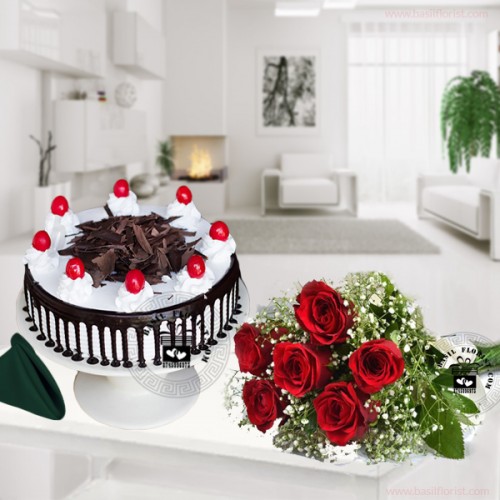 Endless Love (1/2 Kg Black forest cake & a bunch of 6 red roses )