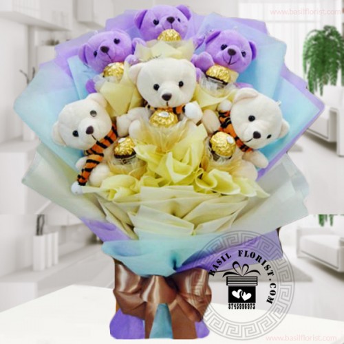 6 Teddy Bear  and 6 ferrero rochere bunch