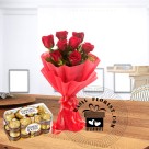 8 Red Roses Bunch & 16pc. Ferrero Rocher